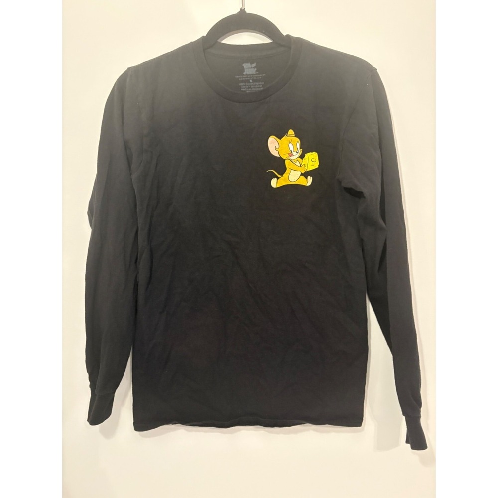 Tom &‎ Jerry Black Long Sleeve Shirt Men's Size Small Cartoon Print Front & Back